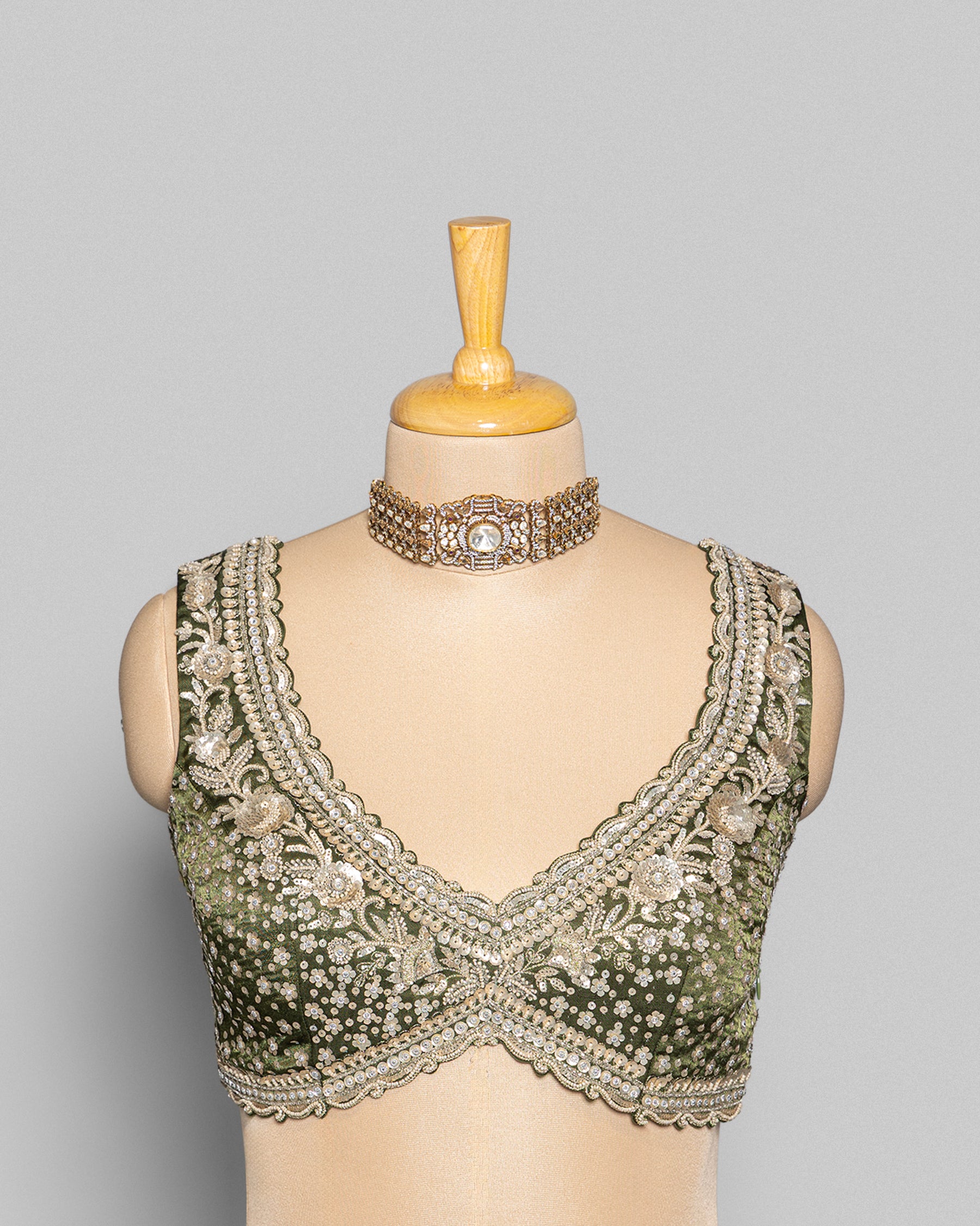 MEHENDI GREEN EMBELLISHED CRUSHED CHIFFON SAREE