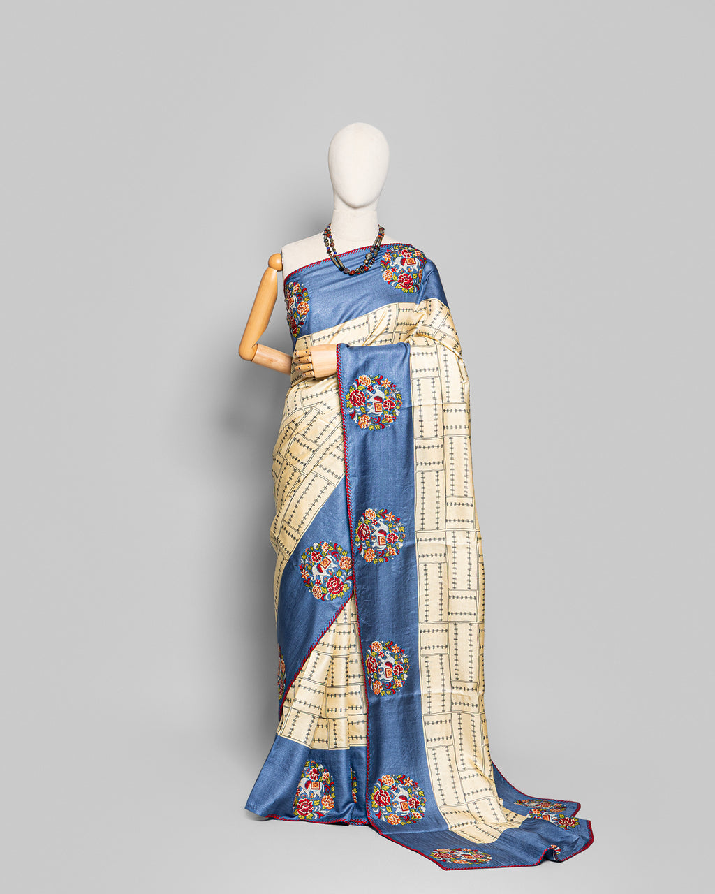 HANDPRINTED TUSSAR CROSS STITCH WORK SAREE