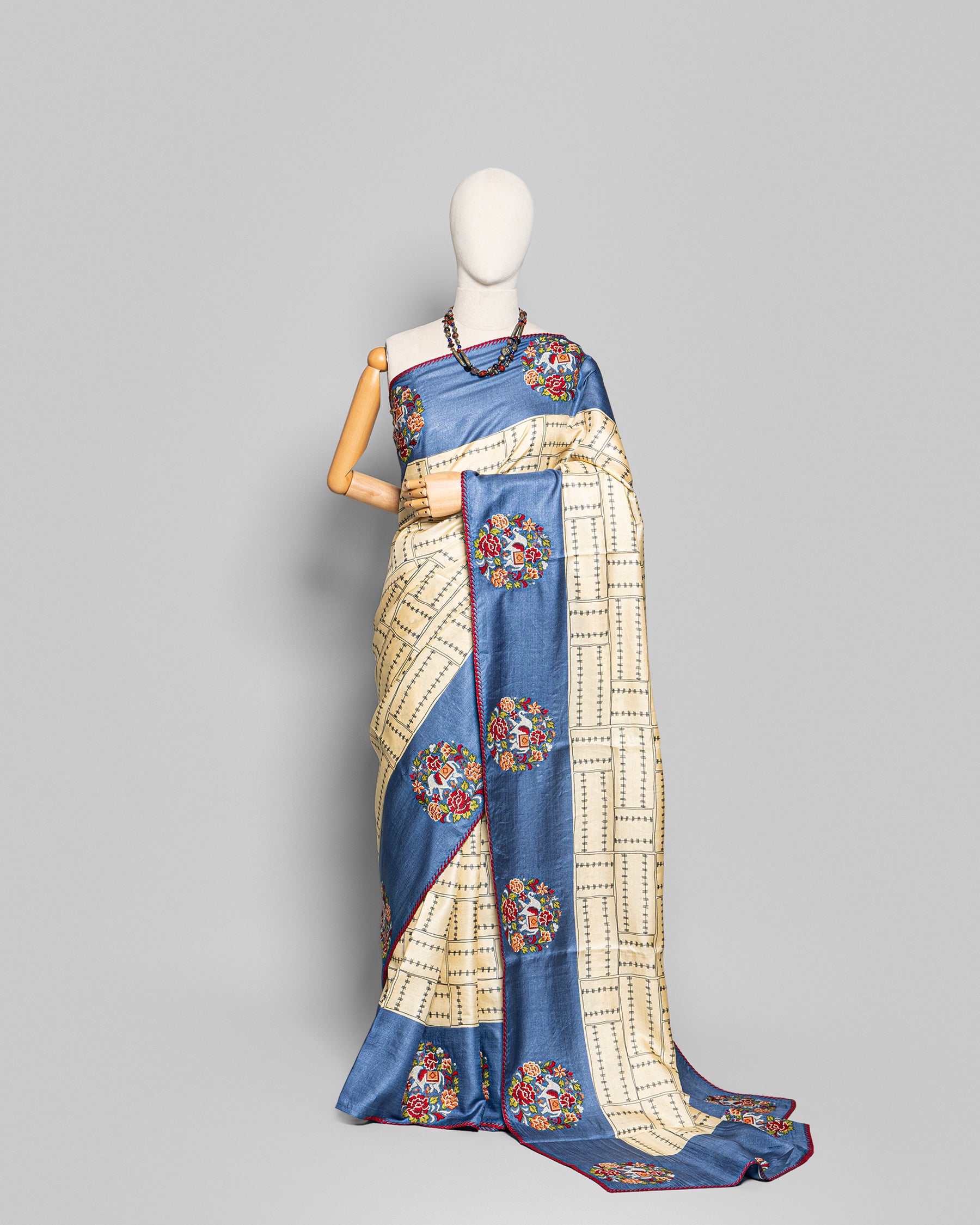 HANDPRINTED TUSSAR CROSS STITCH WORK SAREE