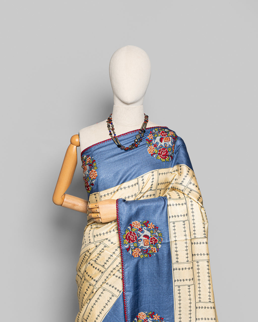 HANDPRINTED TUSSAR CROSS STITCH WORK SAREE