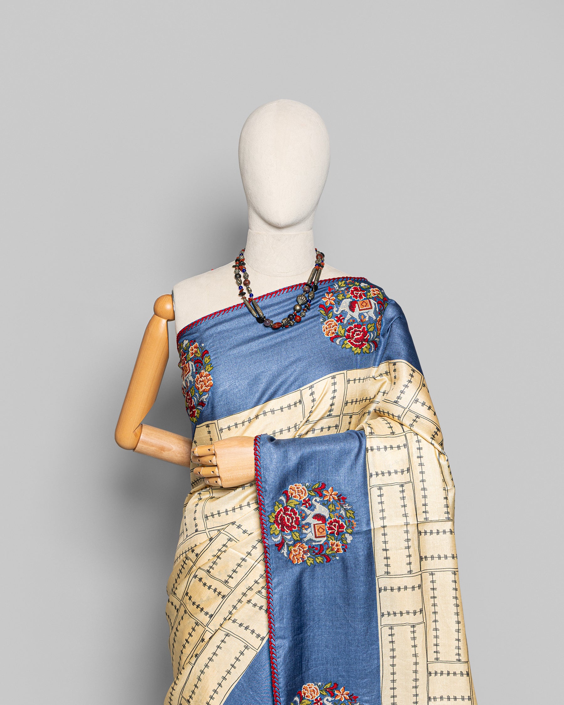HANDPRINTED TUSSAR CROSS STITCH WORK SAREE