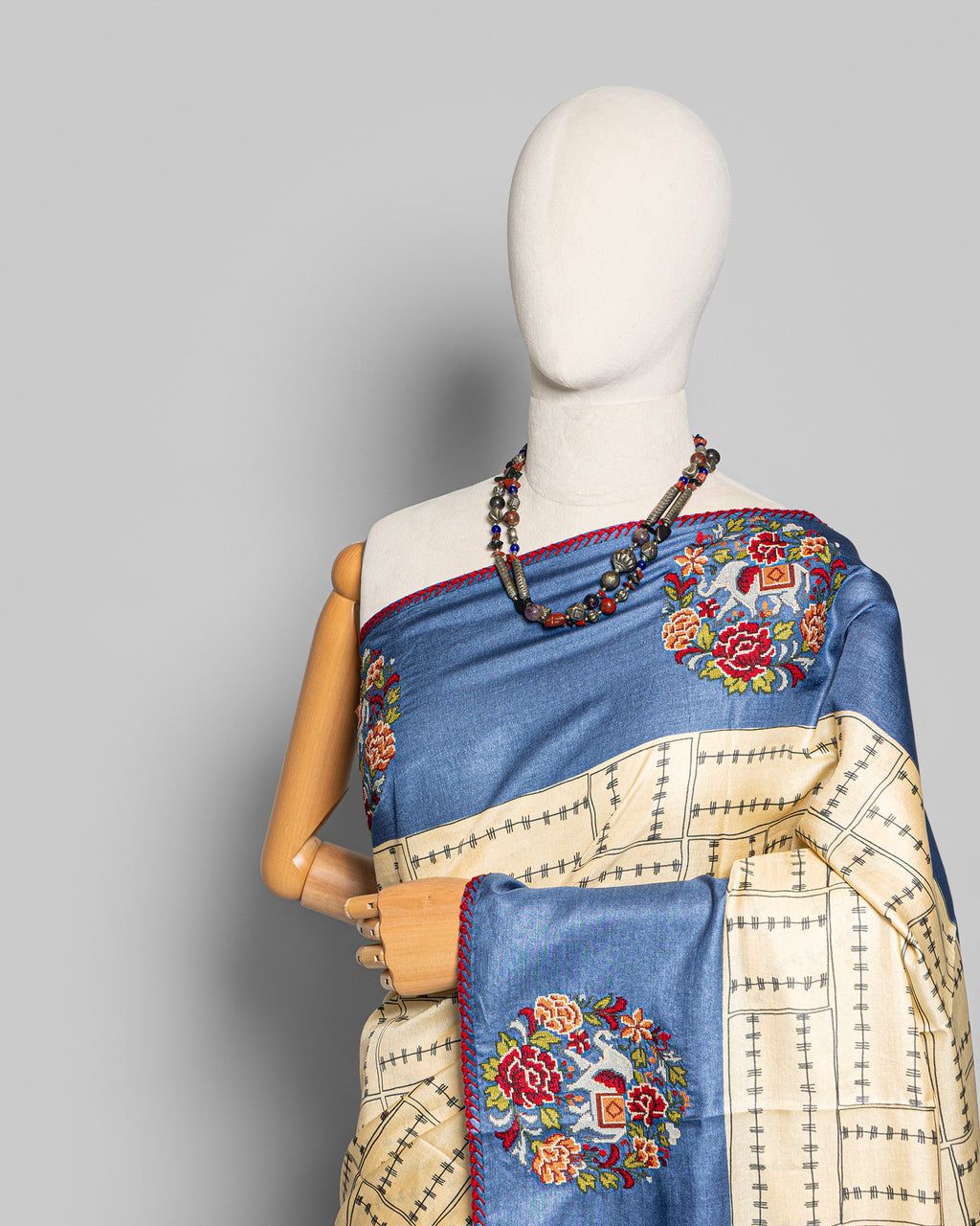 HANDPRINTED TUSSAR CROSS STITCH WORK SAREE
