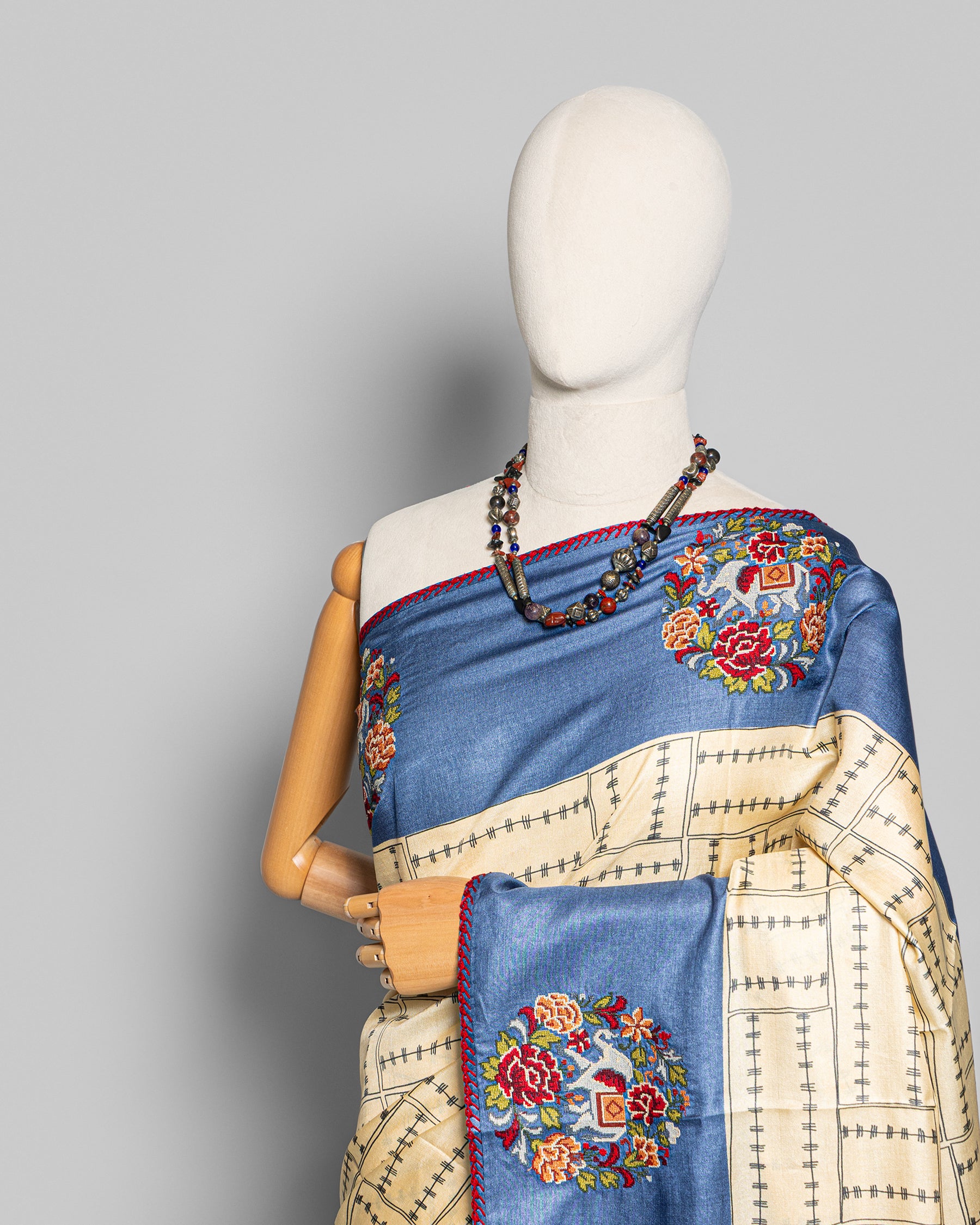HANDPRINTED TUSSAR CROSS STITCH WORK SAREE