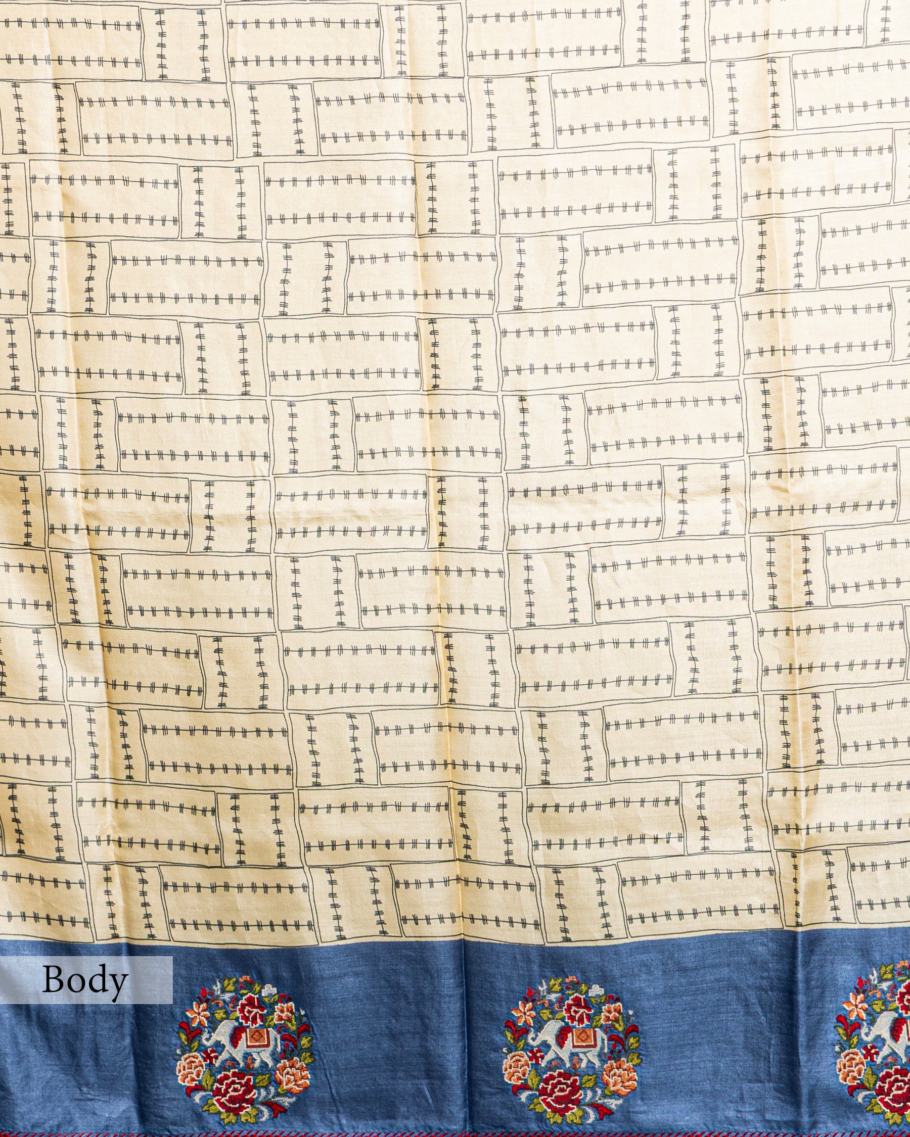 HANDPRINTED TUSSAR CROSS STITCH WORK SAREE