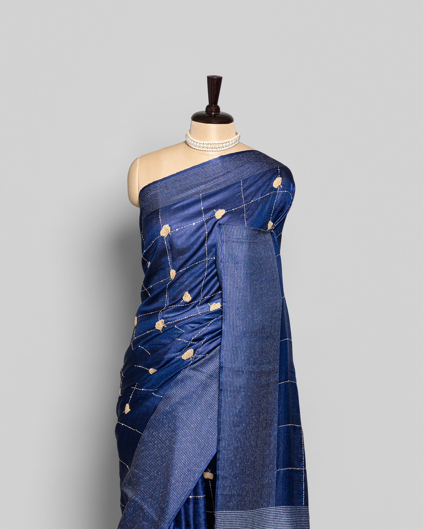 ROYAL BLUE TUSSAR SILK KANTHAA WORK SAREE
