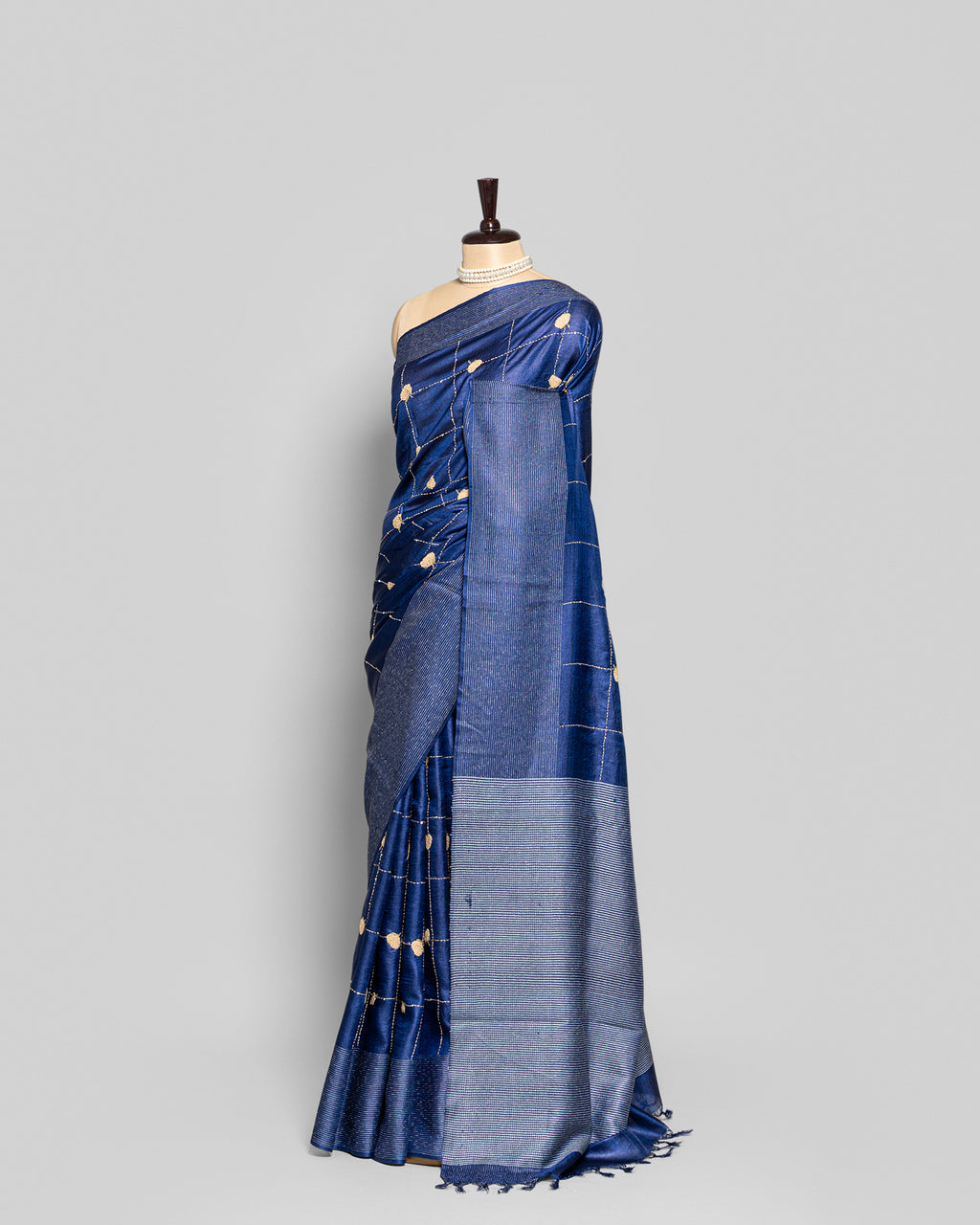 ROYAL BLUE TUSSAR SILK KANTHAA WORK SAREE