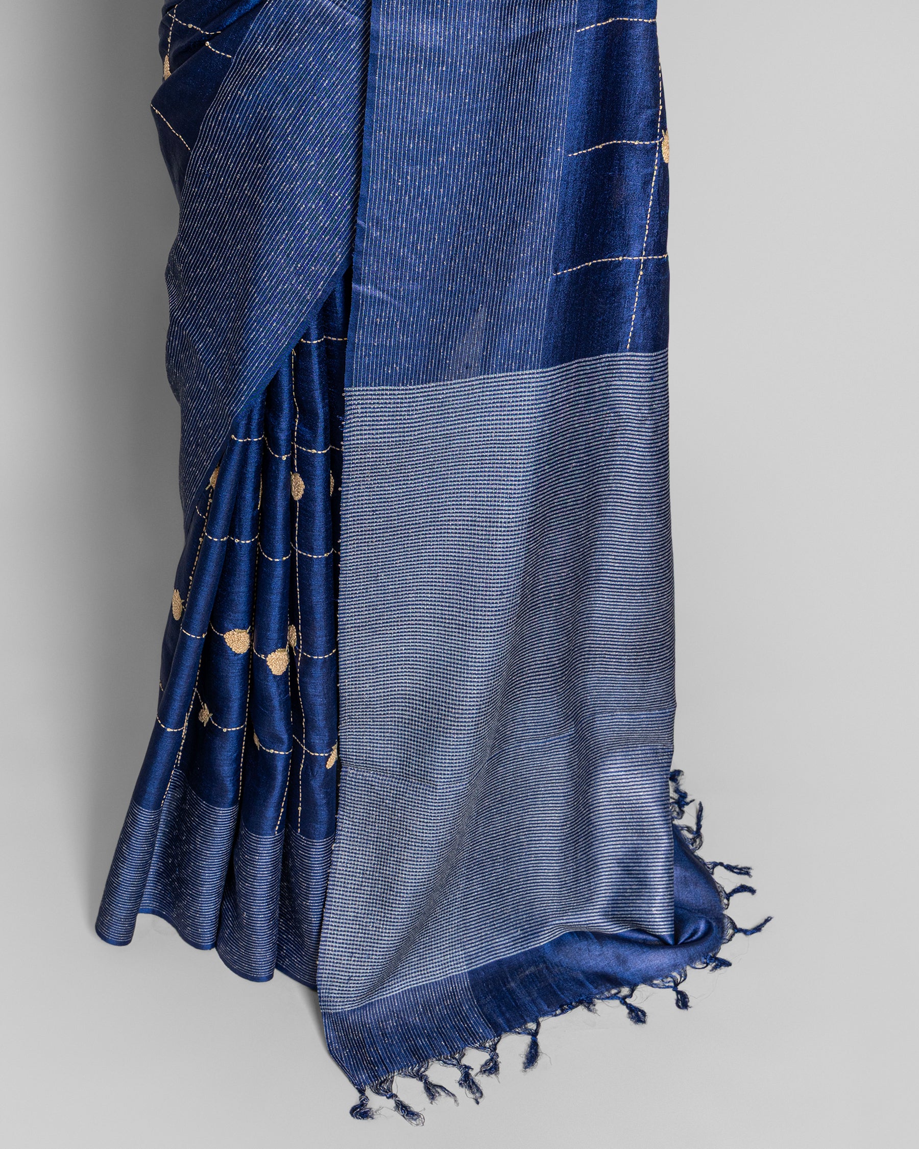 ROYAL BLUE TUSSAR SILK KANTHAA WORK SAREE