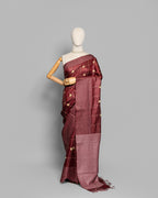 BURGUNDY TUSSAR SILK KANTHAA WORK SAREE