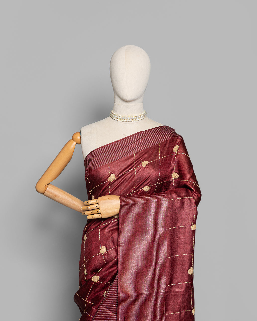 BURGUNDY TUSSAR SILK KANTHAA WORK SAREE