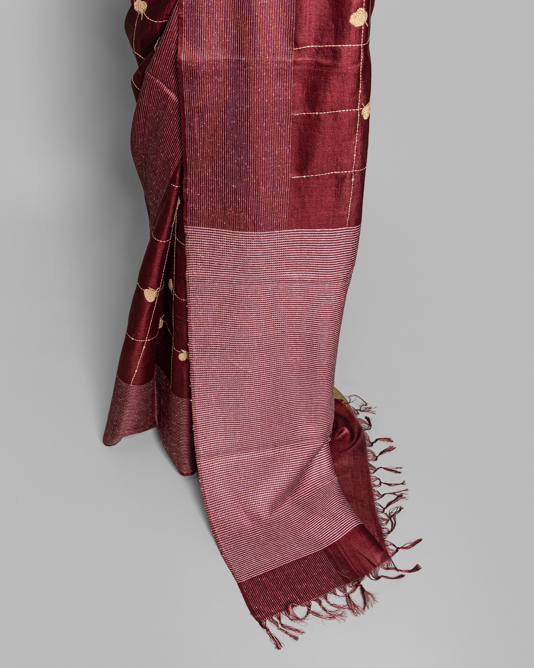BURGUNDY TUSSAR SILK KANTHAA WORK SAREE