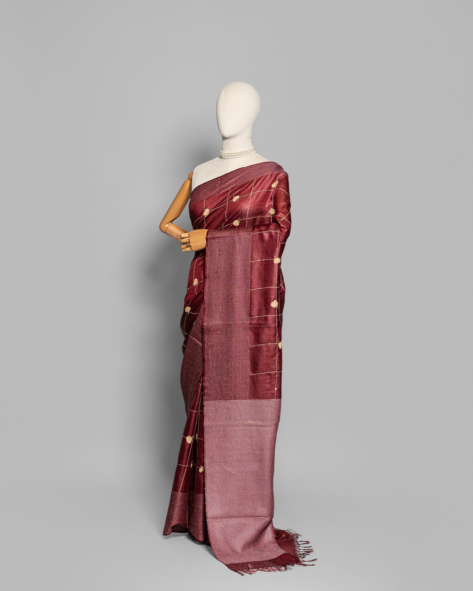 BURGUNDY TUSSAR SILK KANTHAA WORK SAREE