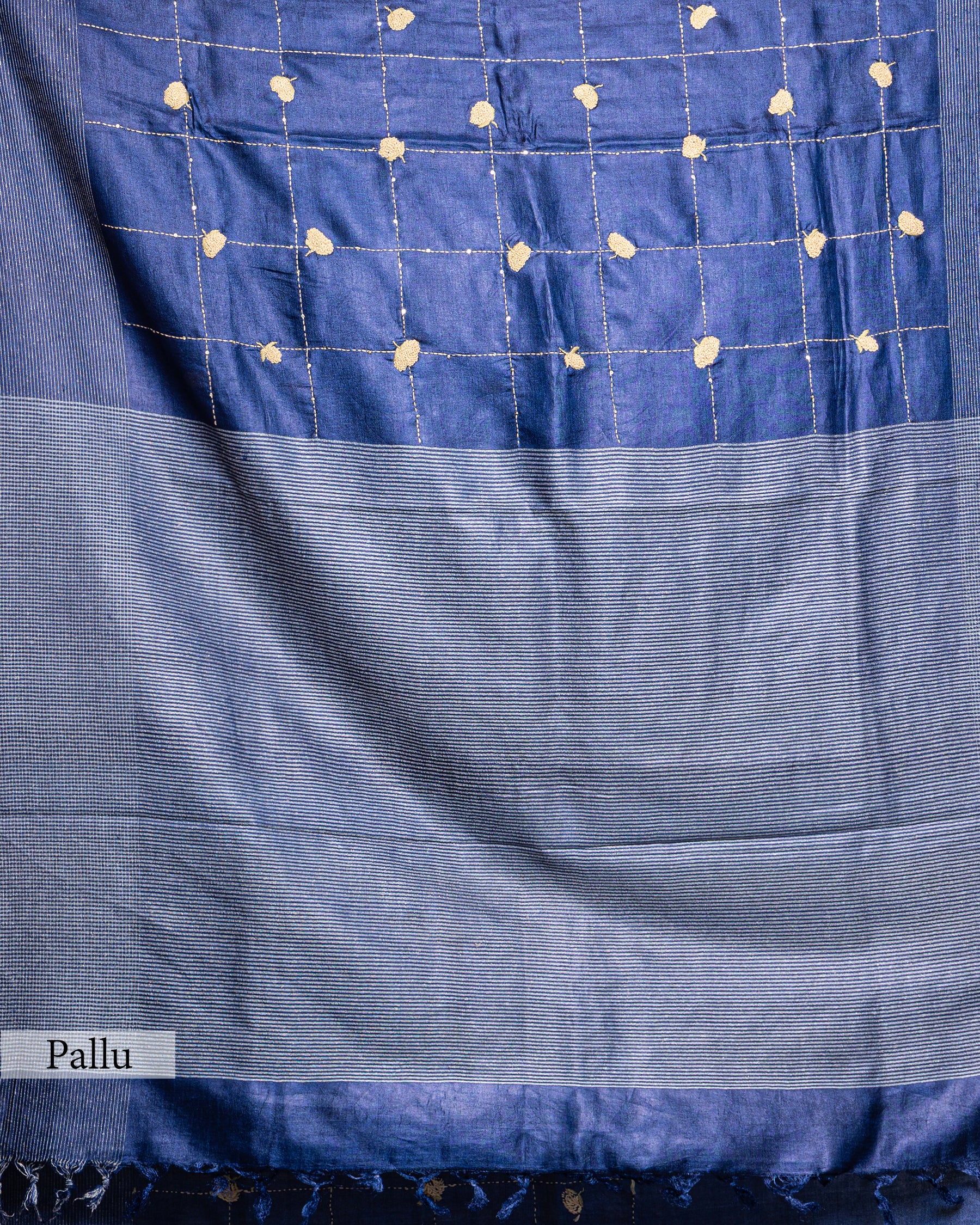 ROYAL BLUE TUSSAR SILK KANTHAA WORK SAREE