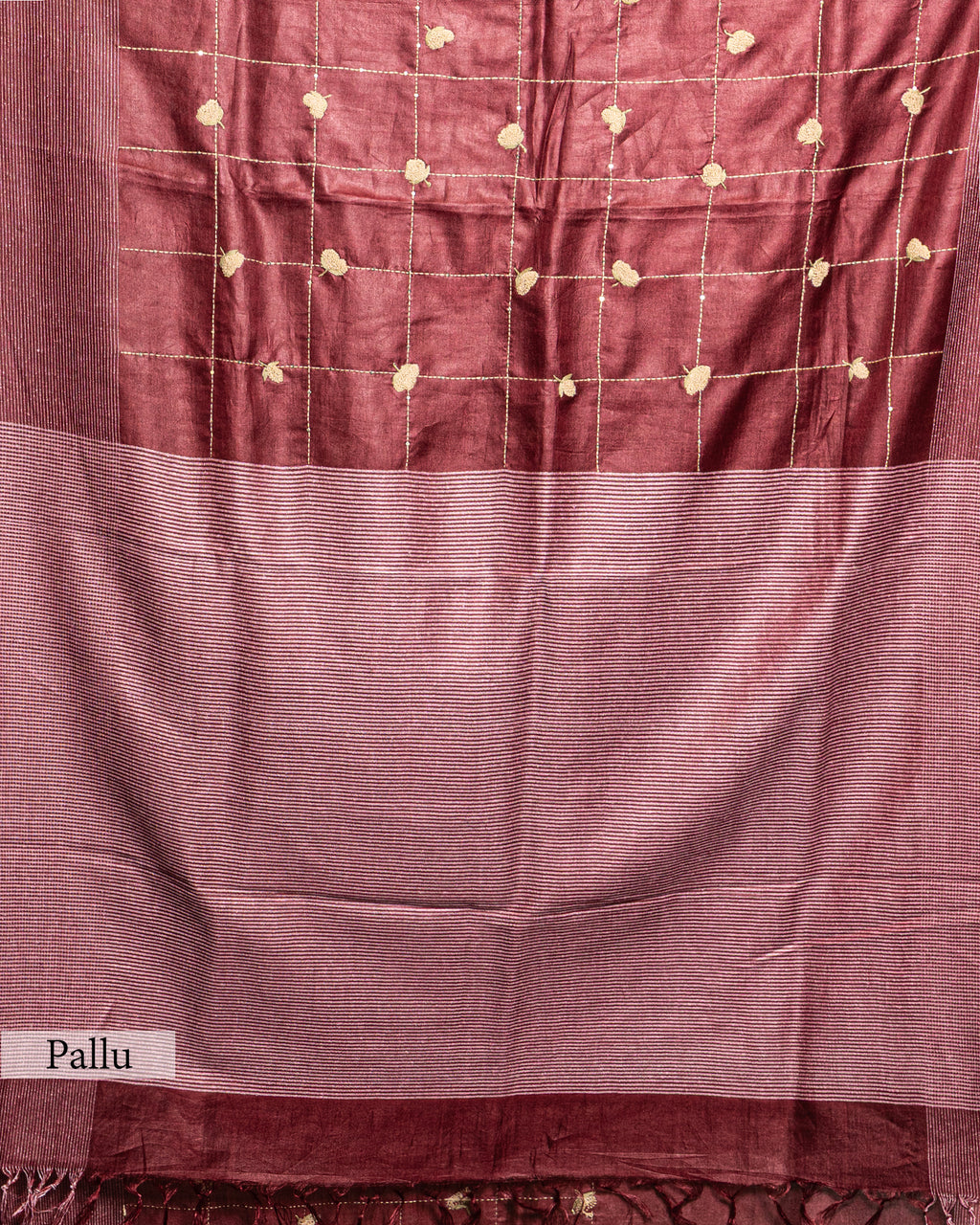 BURGUNDY TUSSAR SILK KANTHAA WORK SAREE