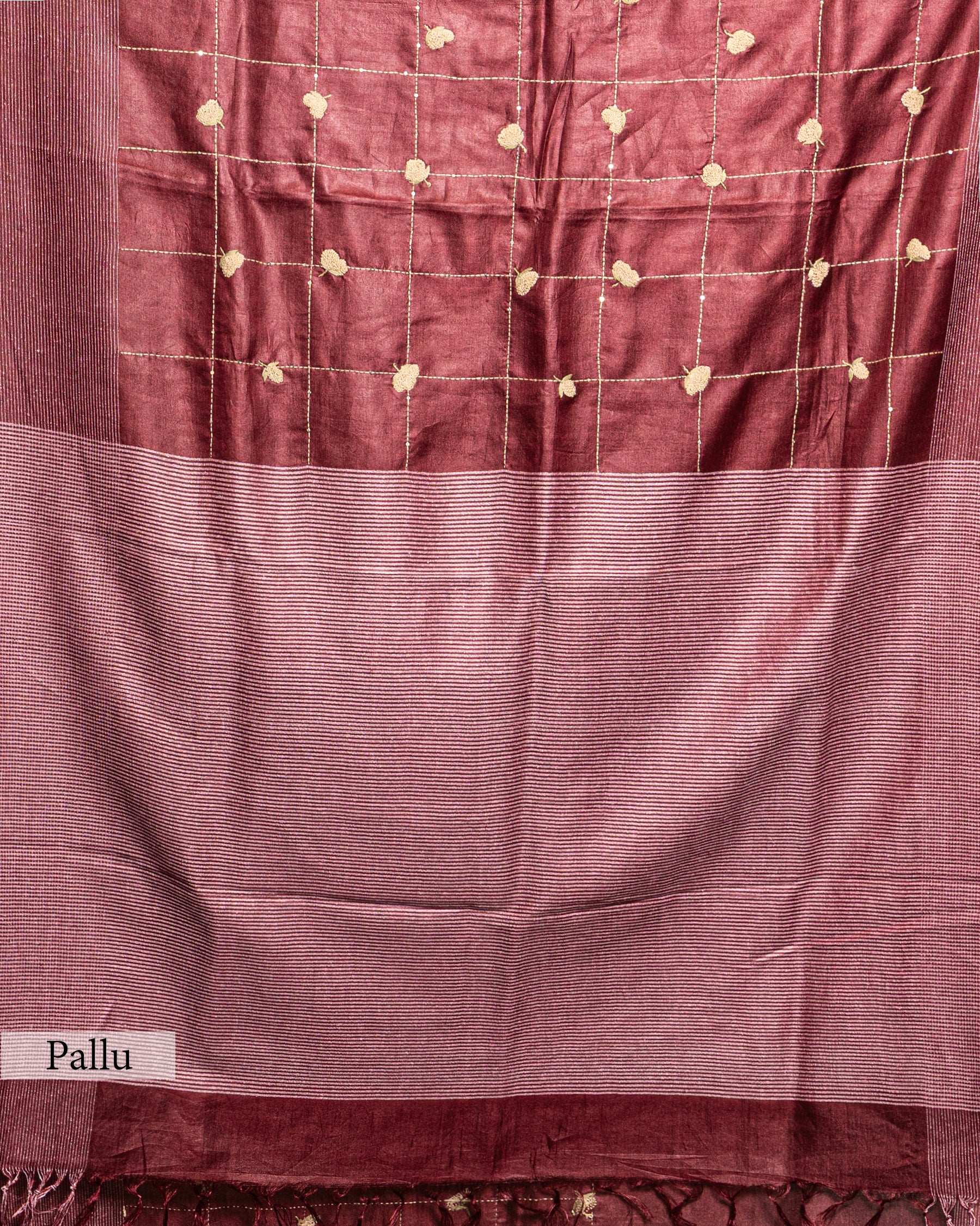 BURGUNDY TUSSAR SILK KANTHAA WORK SAREE