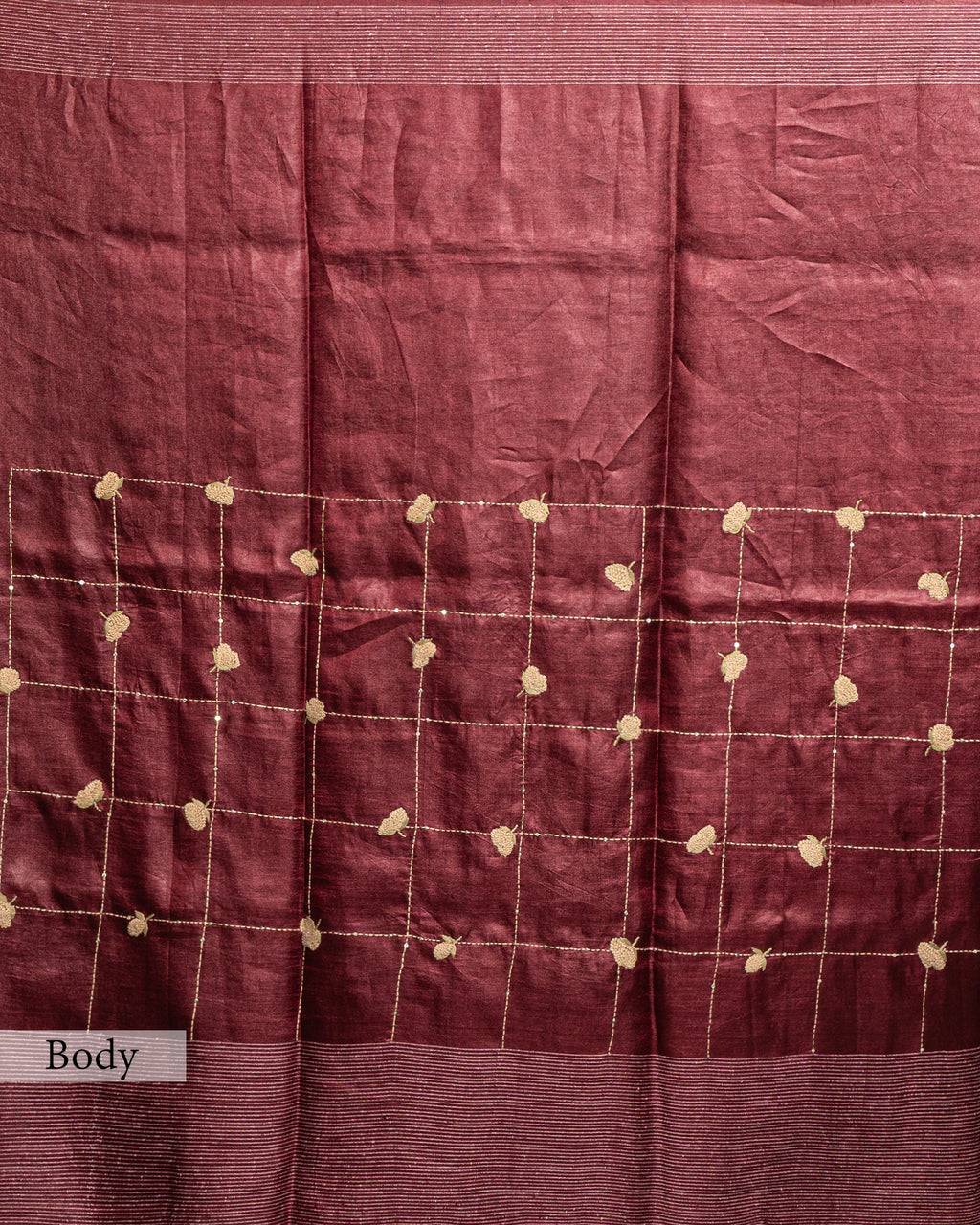 BURGUNDY TUSSAR SILK KANTHAA WORK SAREE