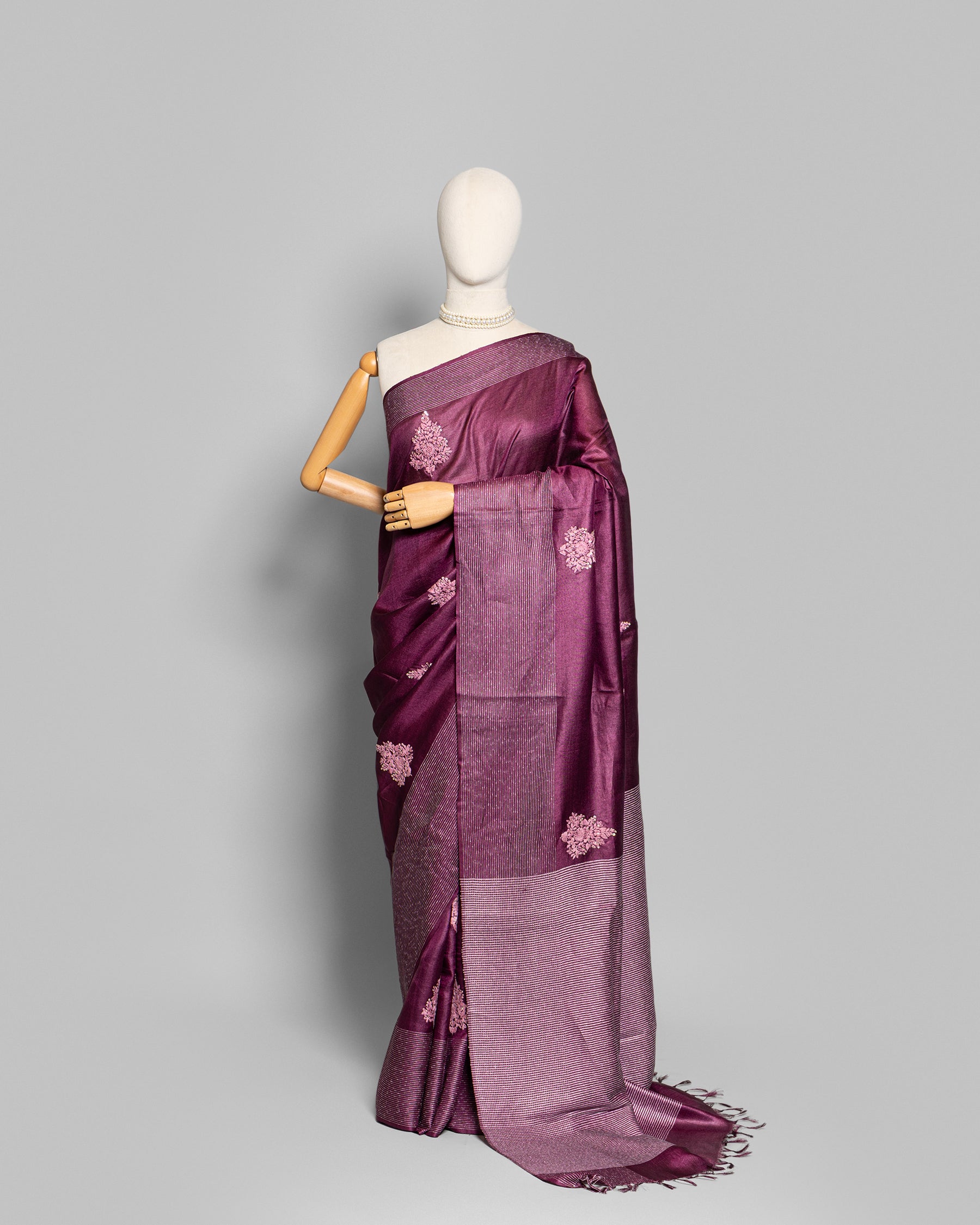 WINE TUSSAR SILK FULKARI WORK SAREE