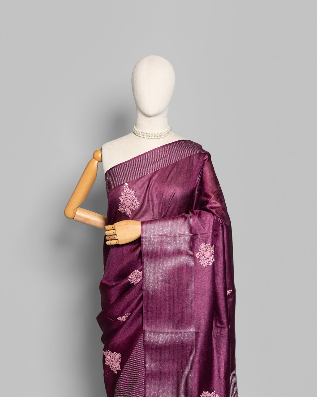 WINE TUSSAR SILK FULKARI WORK SAREE