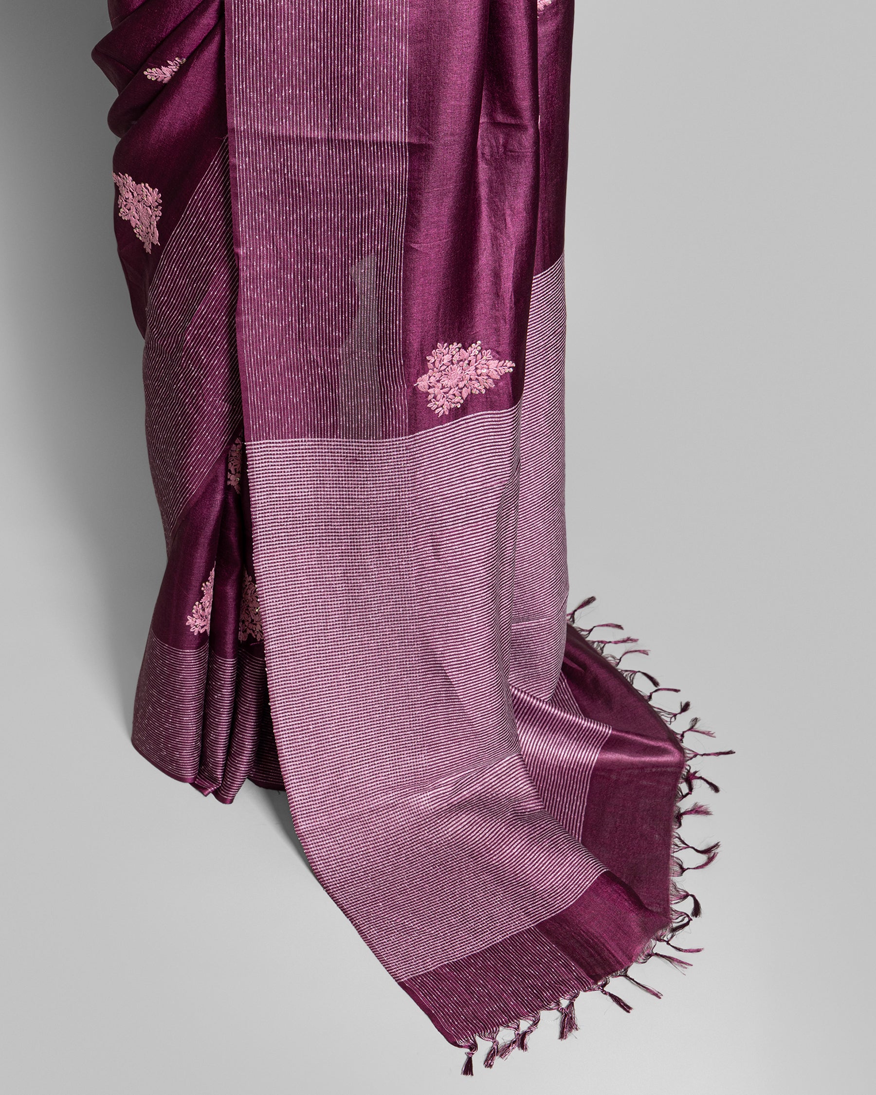 WINE TUSSAR SILK FULKARI WORK SAREE