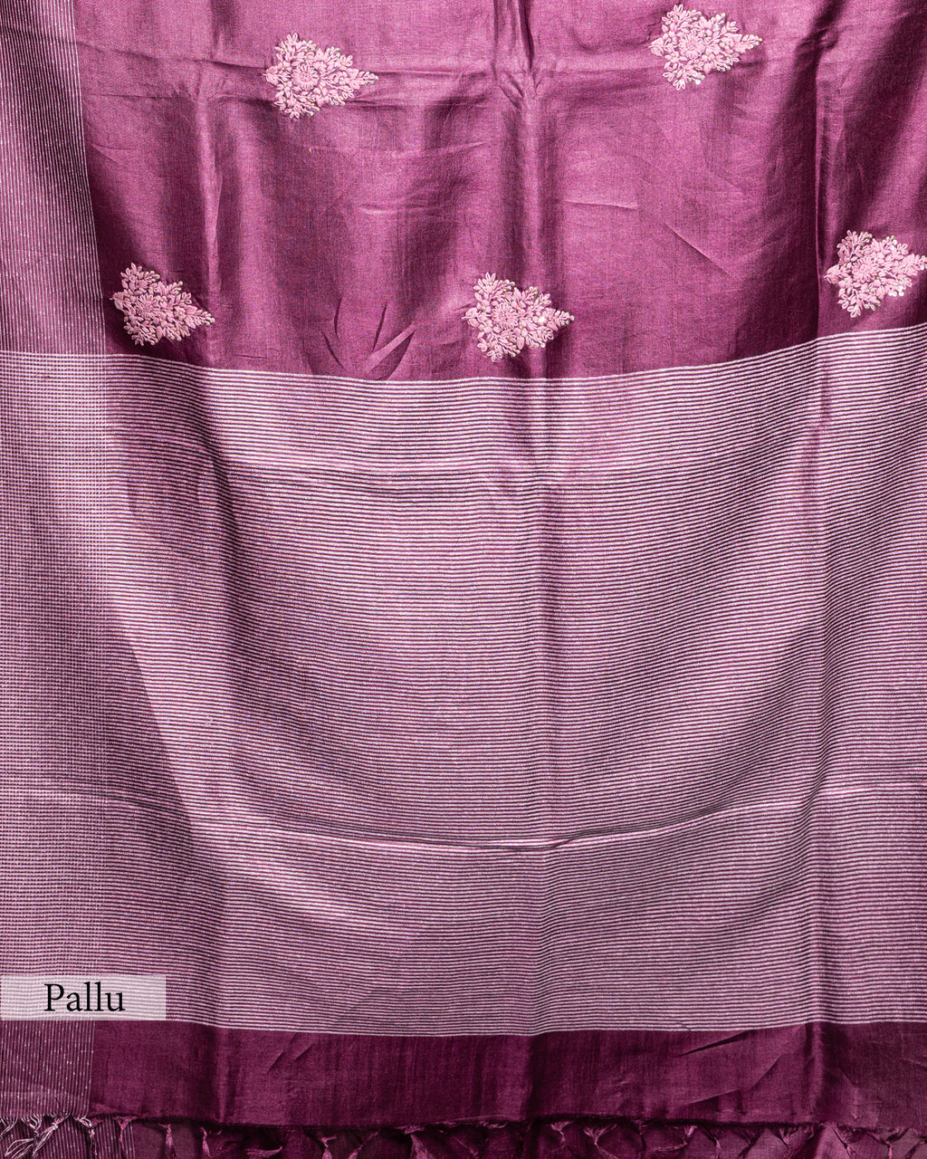 WINE TUSSAR SILK FULKARI WORK SAREE