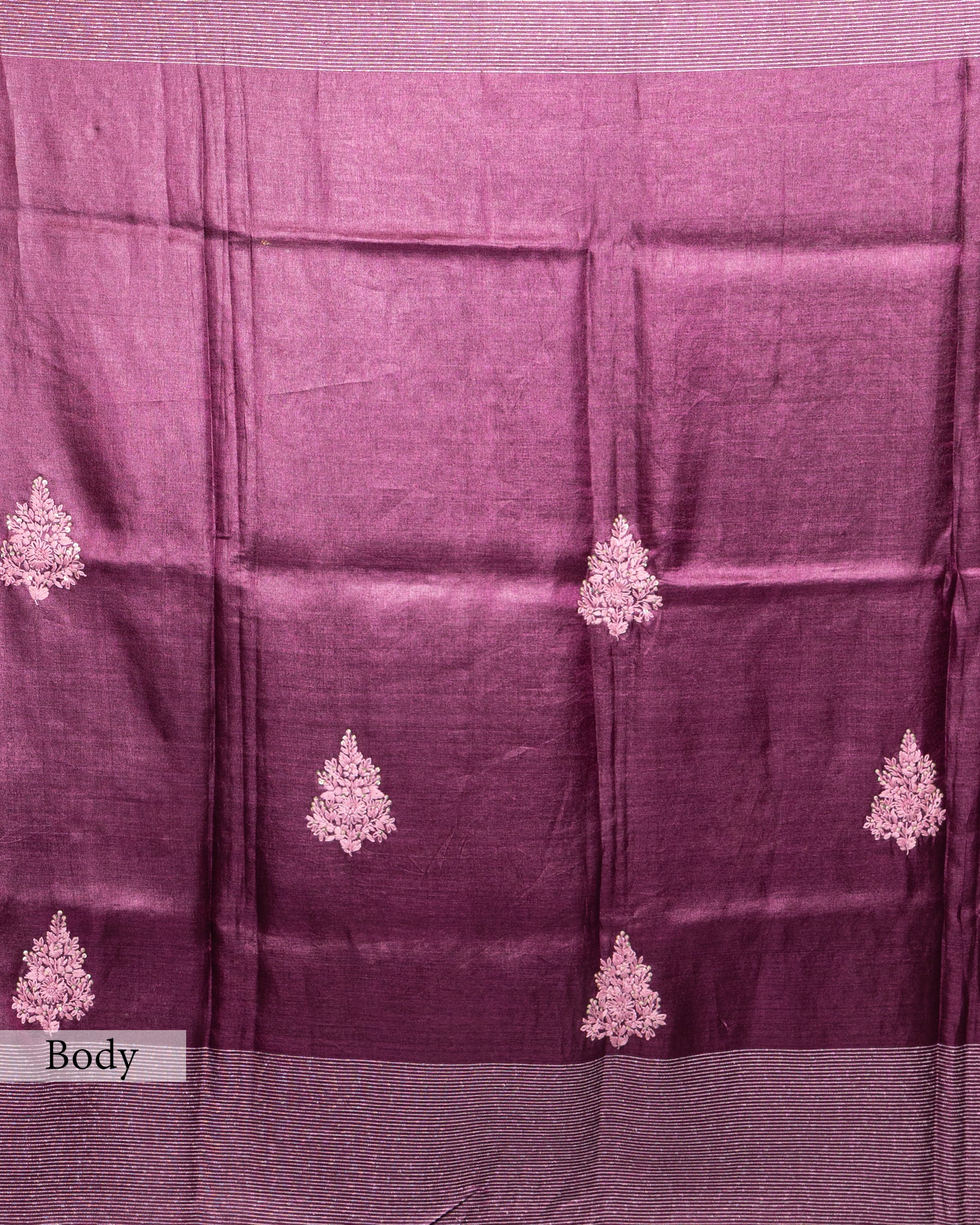 WINE TUSSAR SILK FULKARI WORK SAREE