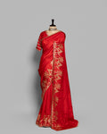 CRIMSON RED TUSSAR SAREE WITH BANARASI WOVEN MOTIFS