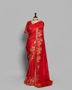 CRIMSON RED TUSSAR SAREE WITH BANARASI WOVEN MOTIFS