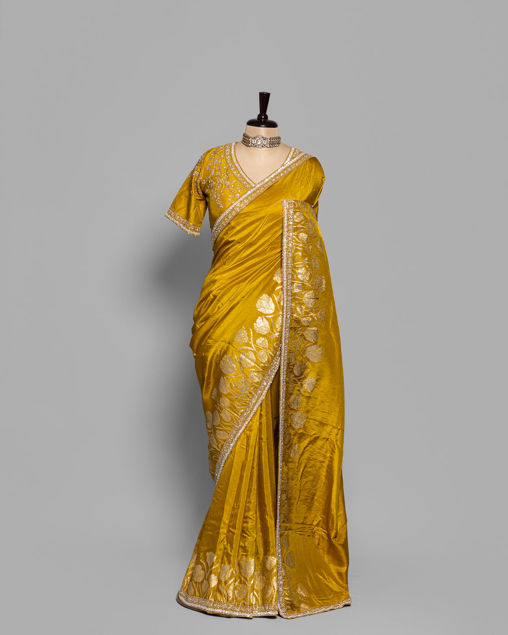 GOLDEN MUSTARD TUSSAR SAREE WITH BANARASI MOTIFS