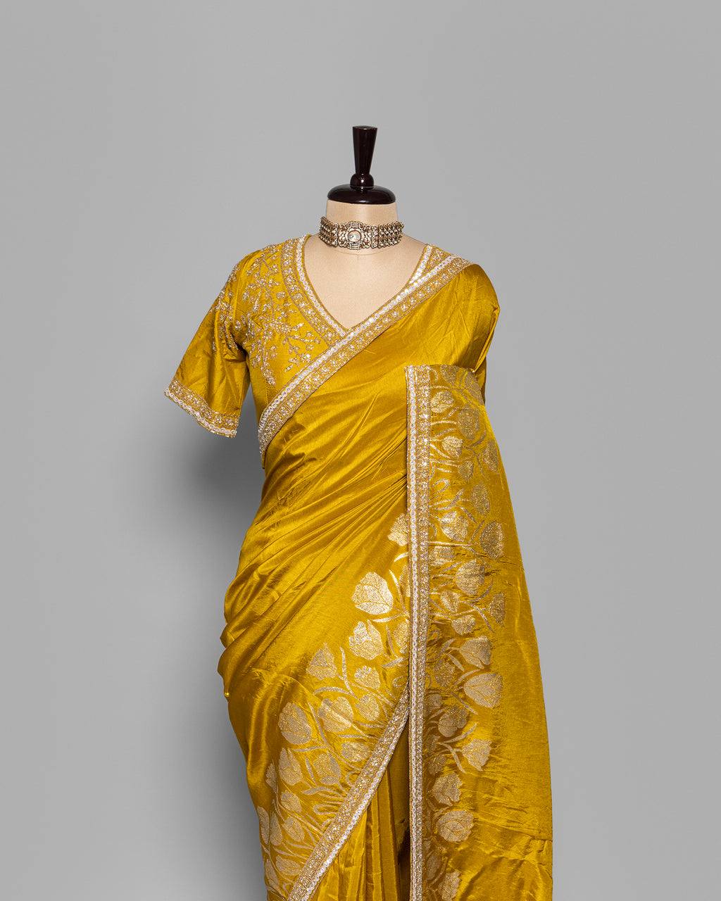 GOLDEN MUSTARD TUSSAR SAREE WITH BANARASI MOTIFS