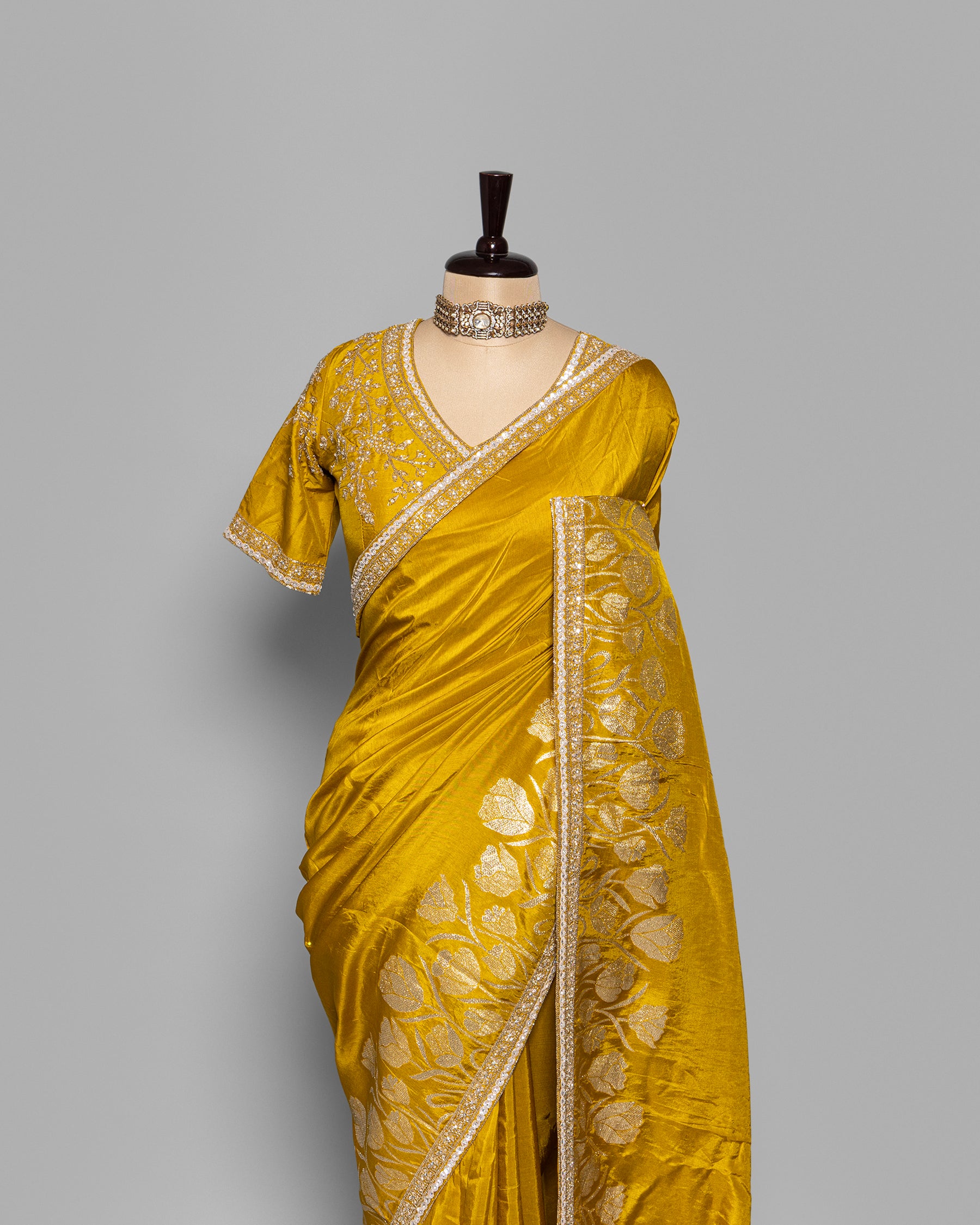 GOLDEN MUSTARD TUSSAR SAREE WITH BANARASI MOTIFS