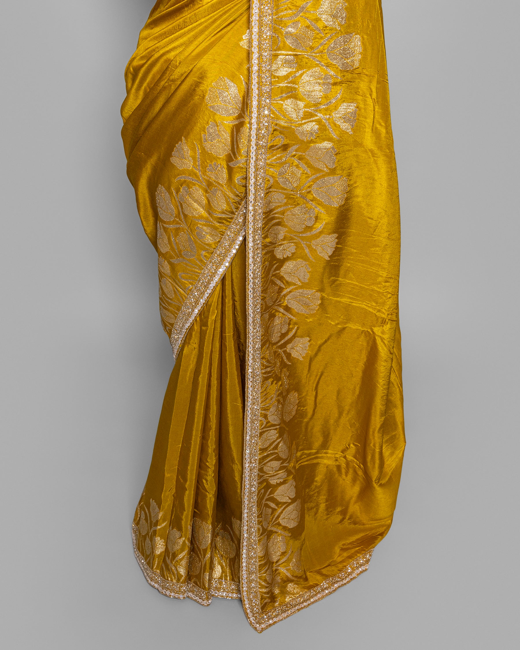 GOLDEN MUSTARD TUSSAR SAREE WITH BANARASI MOTIFS