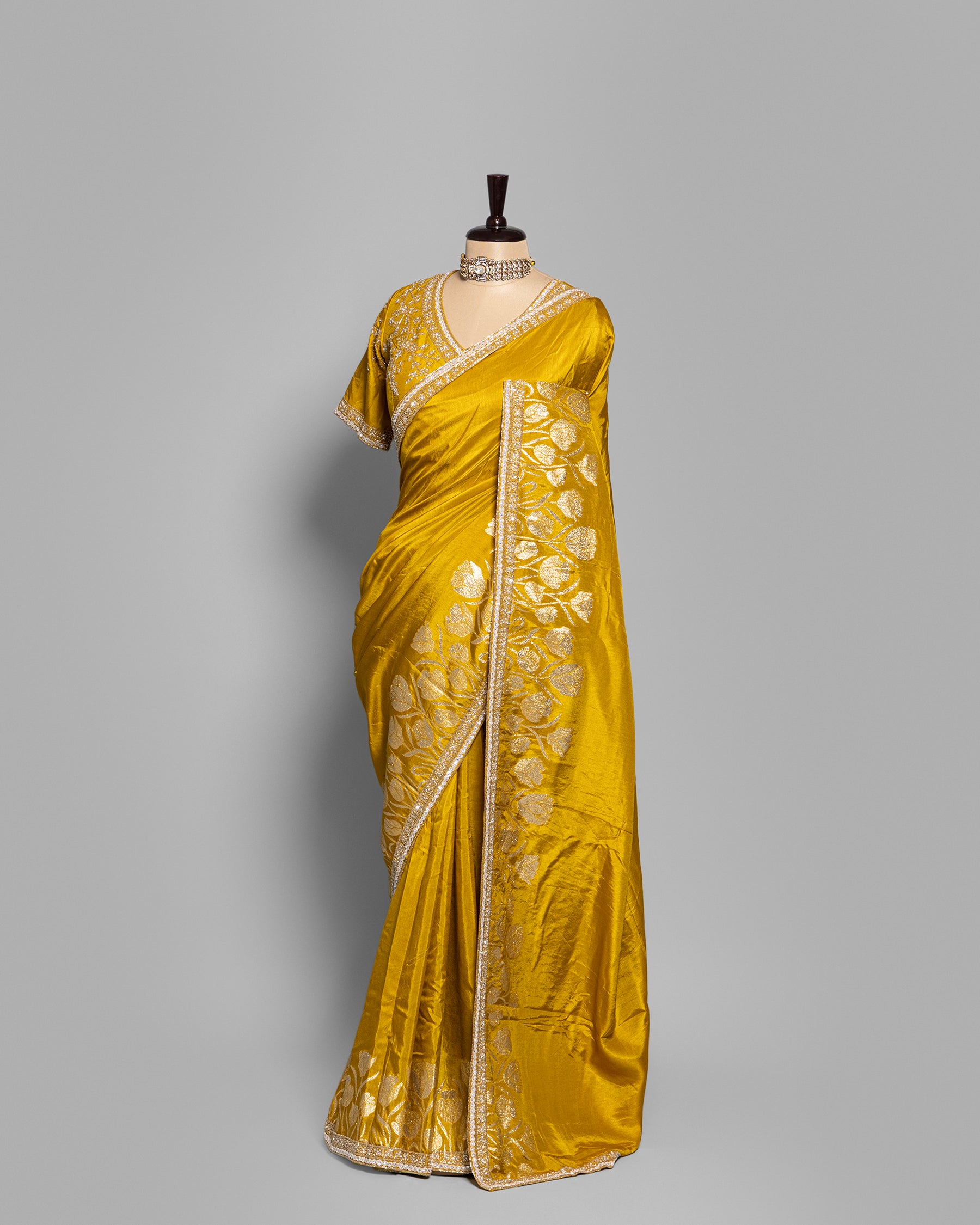 GOLDEN MUSTARD TUSSAR SAREE WITH BANARASI MOTIFS