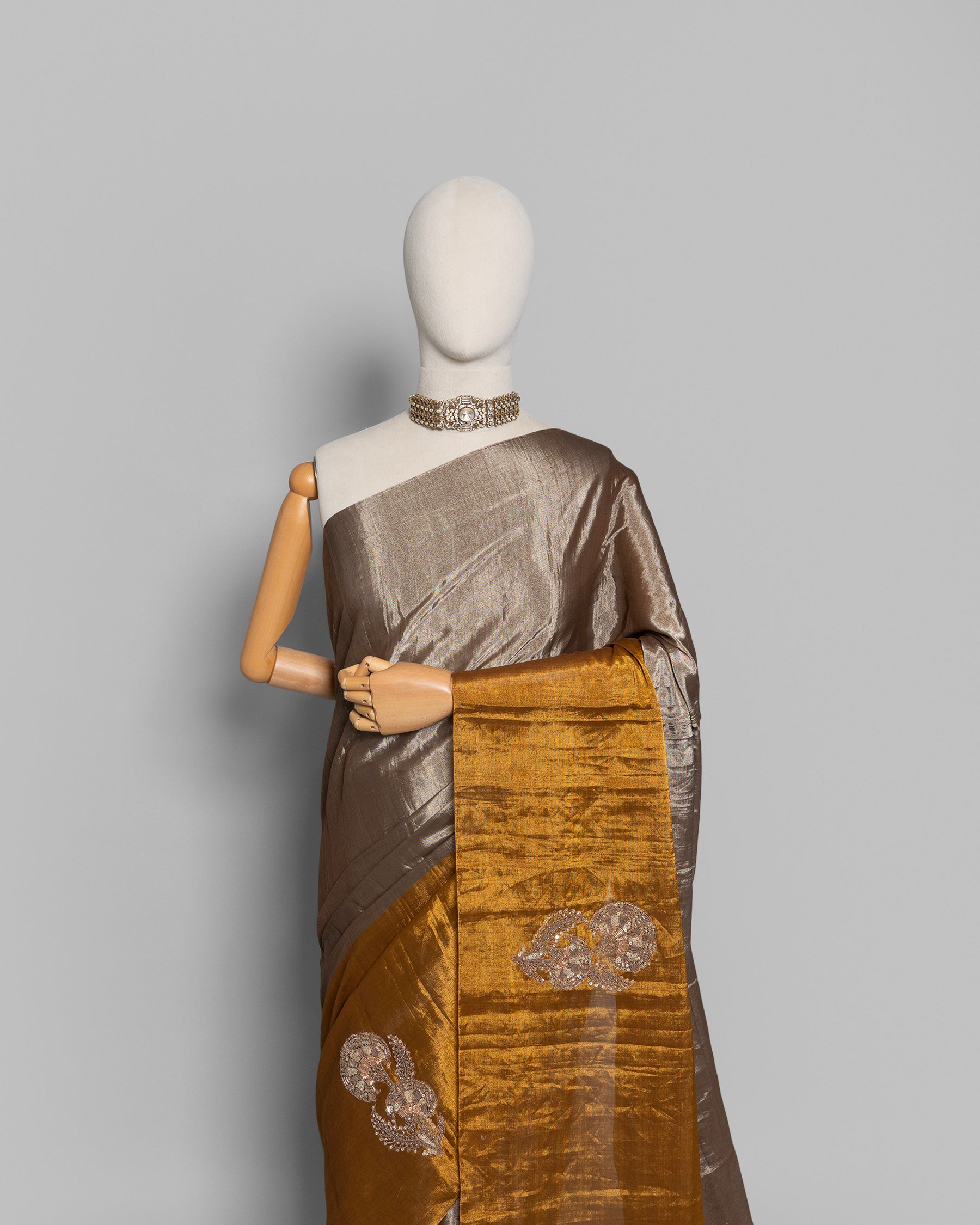 SILVER GOLD ZARDOZI WORK SOFT TISSUE SAREE