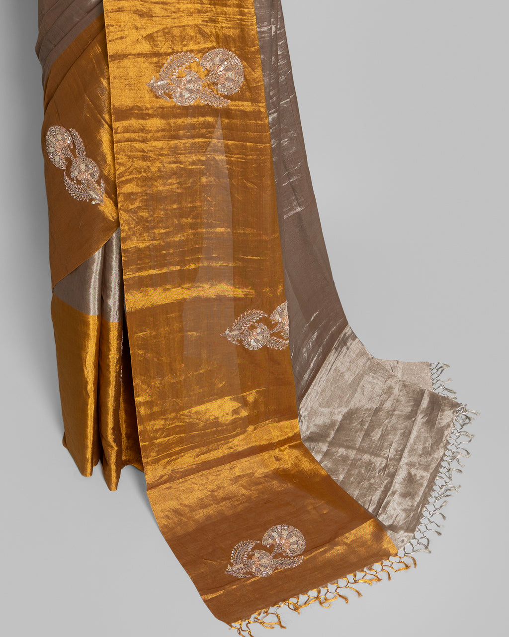 SILVER GOLD ZARDOZI WORK SOFT TISSUE SAREE