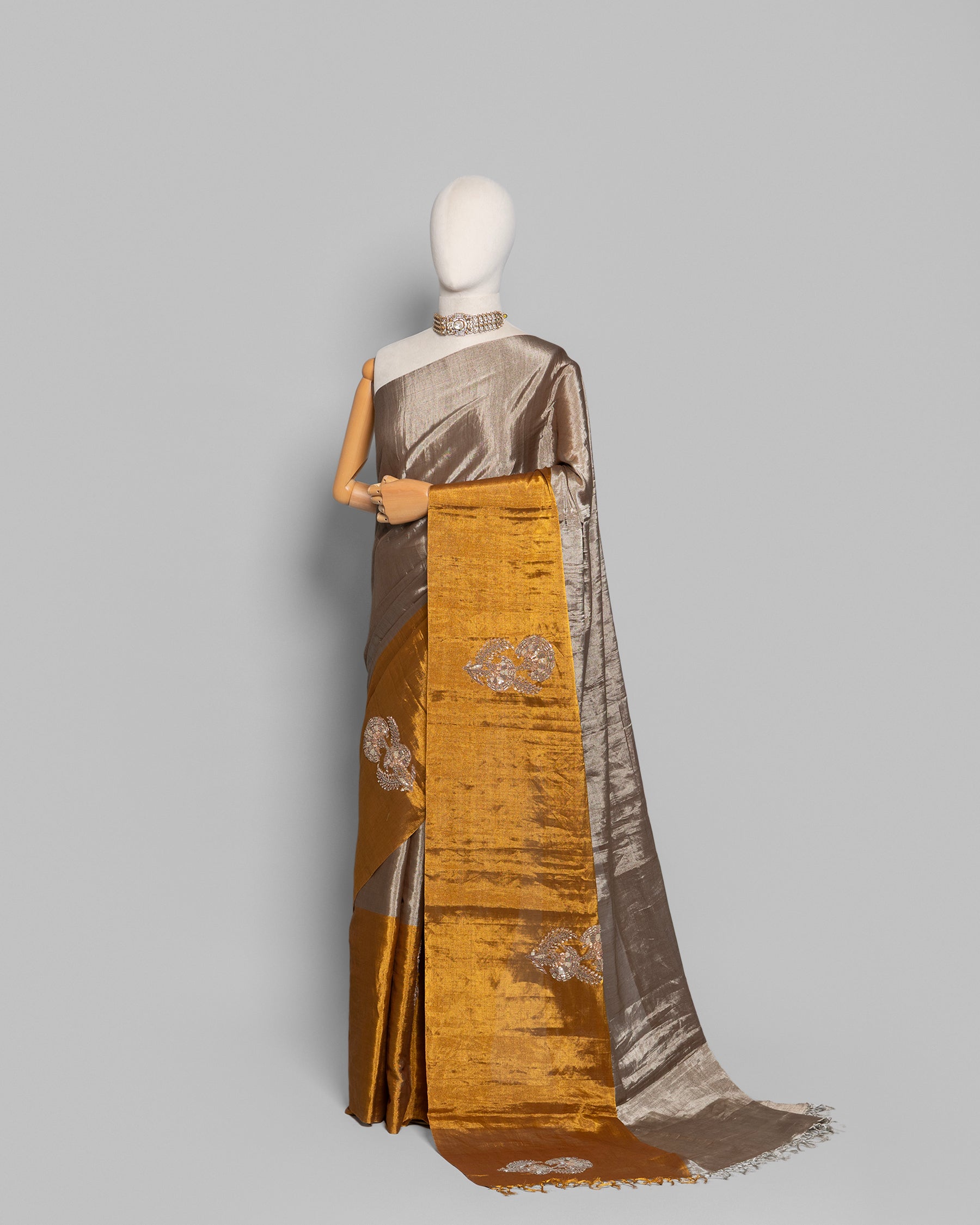 SILVER GOLD ZARDOZI WORK SOFT TISSUE SAREE