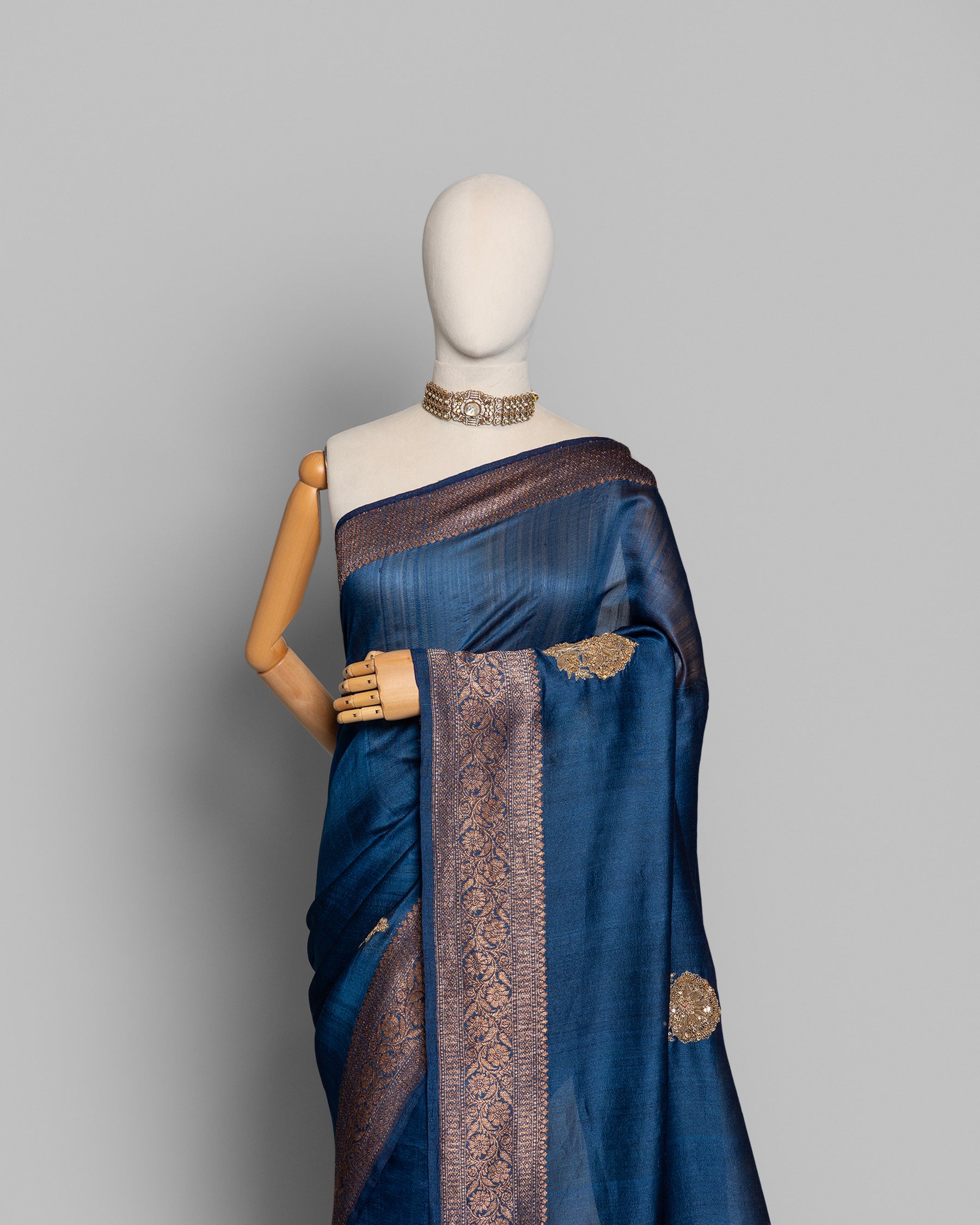NAVY BLUE HANDLOOM TUSSAR SAREE WITH ZARDOZI EMBROIDERY