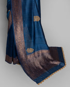 NAVY BLUE HANDLOOM TUSSAR SAREE WITH ZARDOZI EMBROIDERY