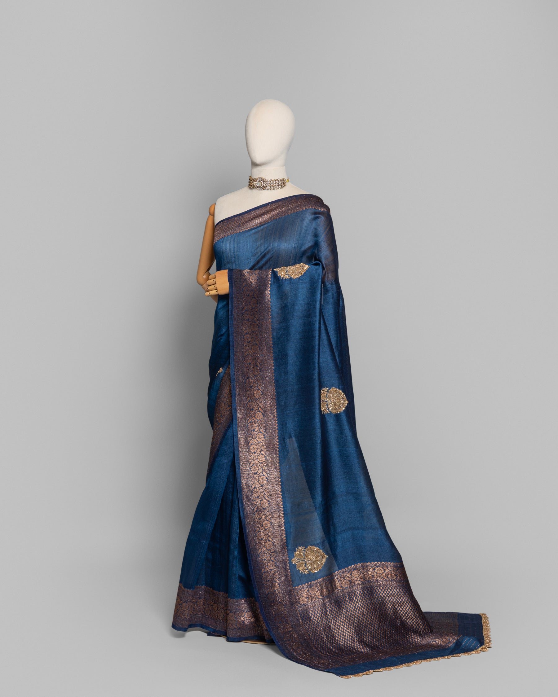 NAVY BLUE HANDLOOM TUSSAR SAREE WITH ZARDOZI EMBROIDERY