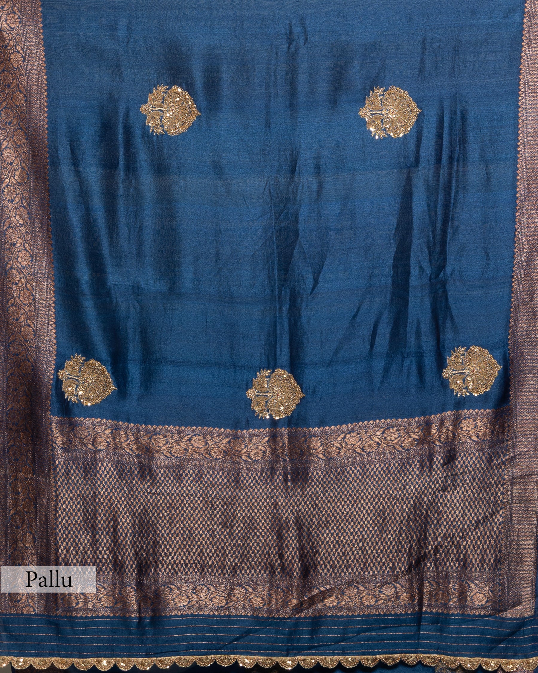 NAVY BLUE HANDLOOM TUSSAR SAREE WITH ZARDOZI EMBROIDERY