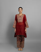 VINTAGE RED KURTI WITH STRIPED TISSUE FARSI SALWAR