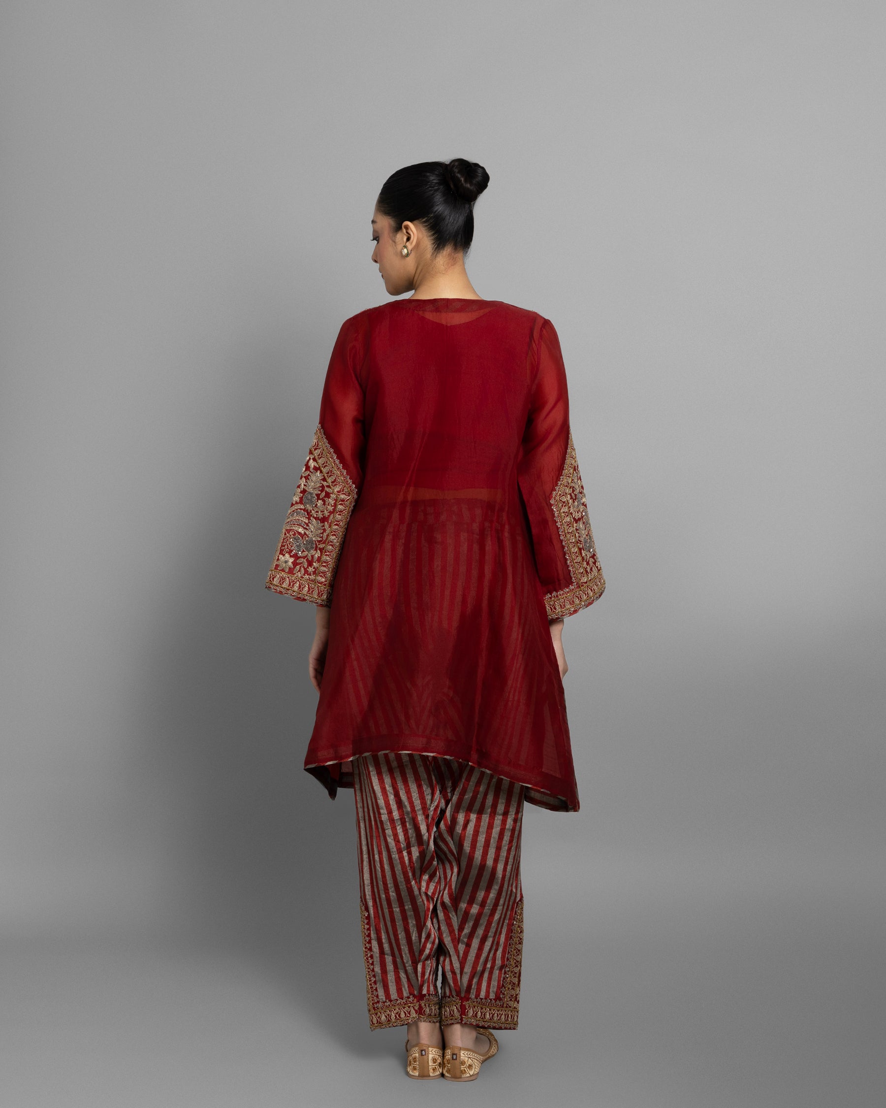VINTAGE RED KURTI WITH STRIPED TISSUE FARSI SALWAR