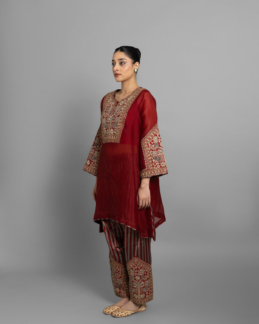 VINTAGE RED KURTI WITH STRIPED TISSUE FARSI SALWAR