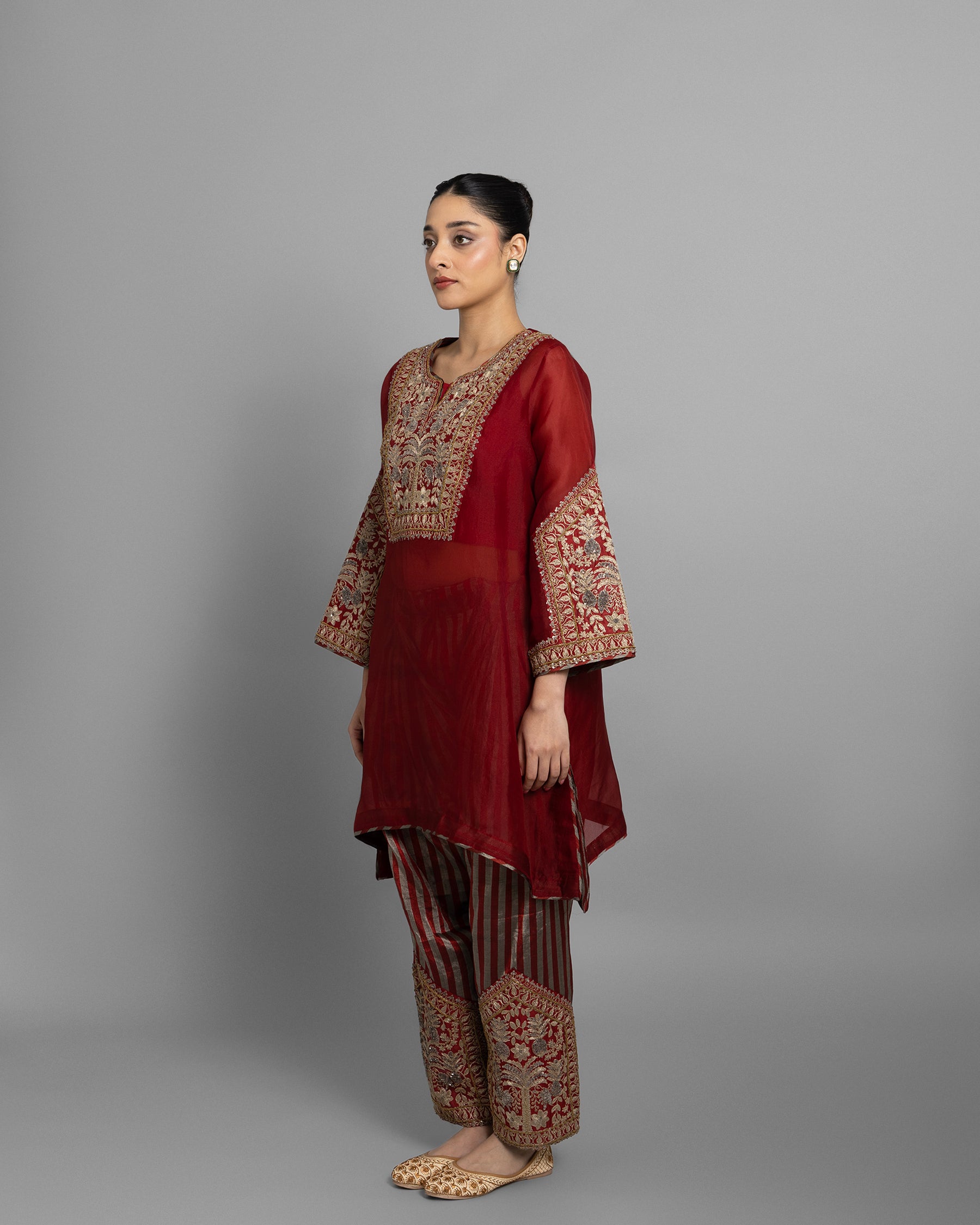 VINTAGE RED KURTI WITH STRIPED TISSUE FARSI SALWAR