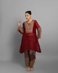 VINTAGE RED KURTI WITH STRIPED TISSUE FARSI SALWAR
