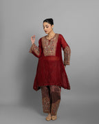 VINTAGE RED KURTI WITH STRIPED TISSUE FARSI SALWAR