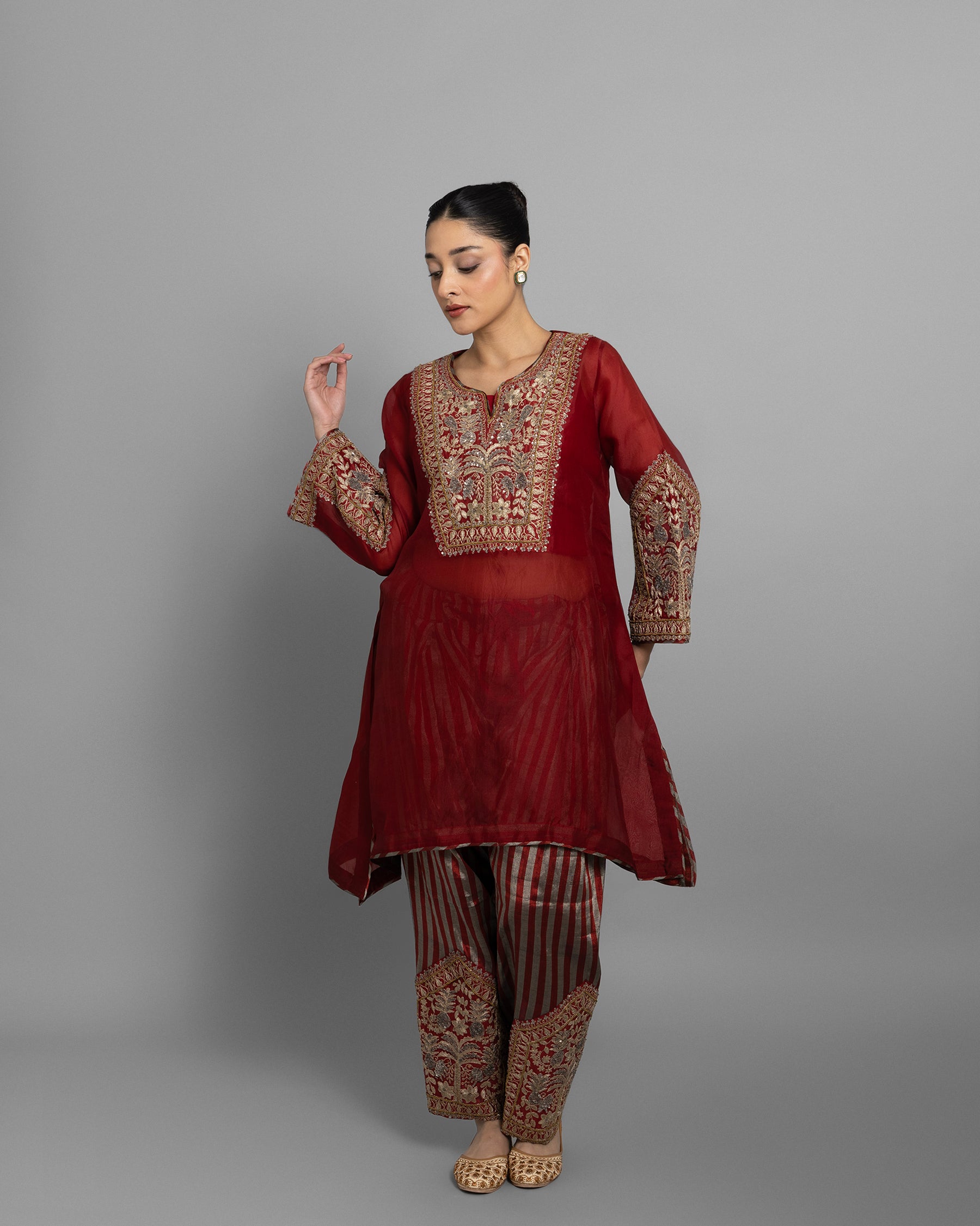 VINTAGE RED KURTI WITH STRIPED TISSUE FARSI SALWAR