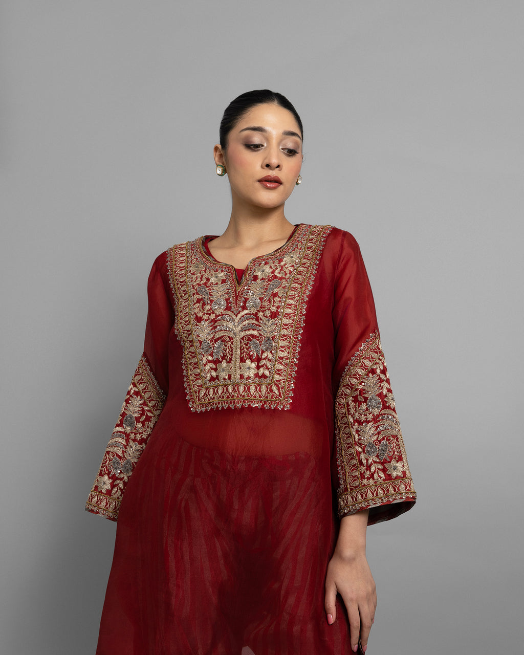 VINTAGE RED KURTI WITH STRIPED TISSUE FARSI SALWAR