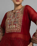 VINTAGE RED KURTI WITH STRIPED TISSUE FARSI SALWAR