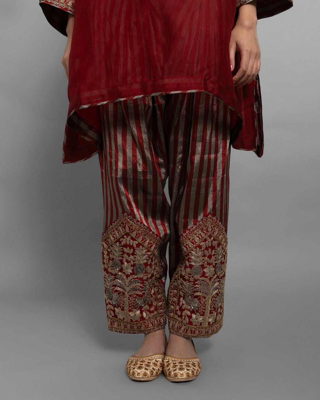 VINTAGE RED KURTI WITH STRIPED TISSUE FARSI SALWAR