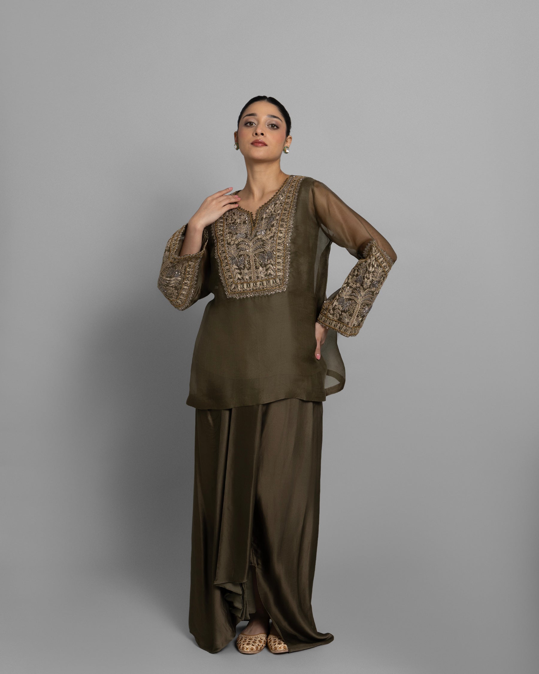 OLIVE GREEN ANTIQUE ZARDOZI KURTI WITH PLEATED SKIRT