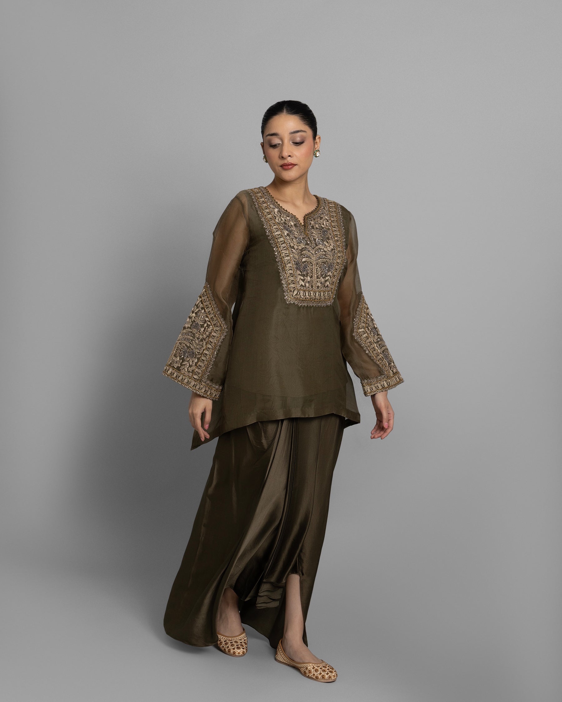 OLIVE GREEN ANTIQUE ZARDOZI KURTI WITH PLEATED SKIRT